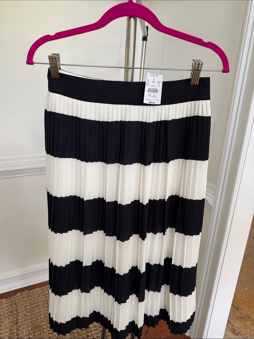 J. Crew navy and White Pleated Striped Midi Skirt